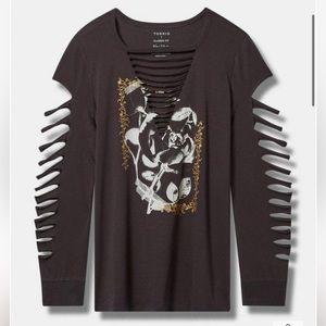 Torrid Black Roses Classic Fit Cotton Slashed Neck Long Sleeve Tee NWT